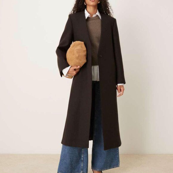 MANGO Selection Capsule wool mix collarless tailored maxi coat brown $299 EUC S - Picture 1 of 4